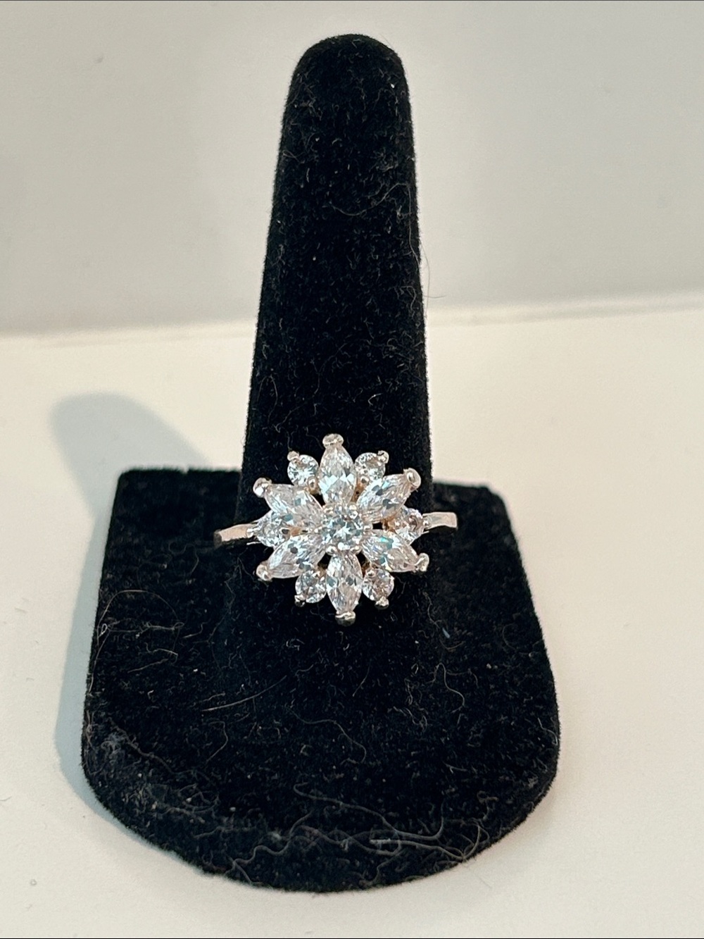 Silver Floral CZ Halo Ring - White Crystal Accent